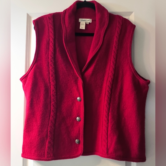 Vintage Coldwater Creek 100% Wool Vest Red 2X Plus Size Cable Knit Button Front - Picture 1 of 4